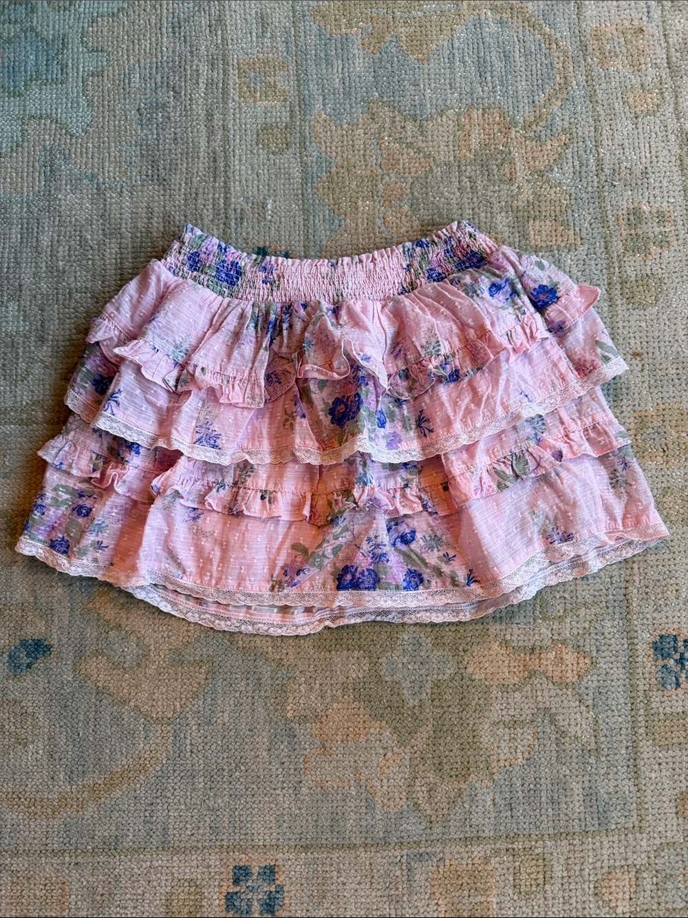 LoveShackFancy Pink Floral Ruffled Tiered Skirt